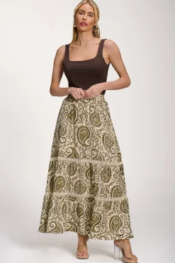 Lace Trim Tiered Maxi Skirt, Khaki Paisley