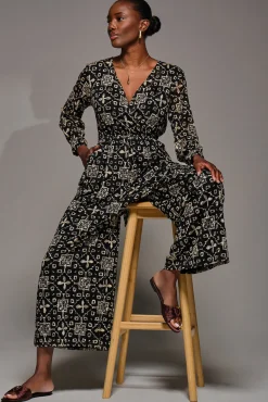 Lace Wrap Tie Waist Long Sleeve Jumpsuit, Black Pattern