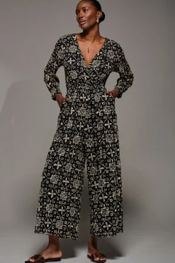Lace Wrap Tie Waist Long Sleeve Jumpsuit, Black Pattern