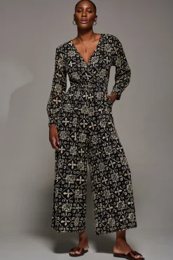 Lace Wrap Tie Waist Long Sleeve Jumpsuit, Black Pattern