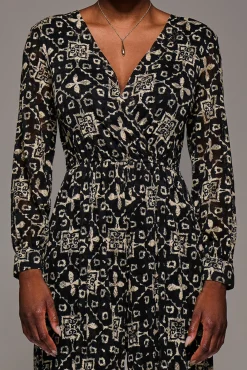 Lace Wrap Tie Waist Long Sleeve Jumpsuit, Black Pattern