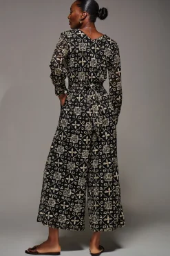 Lace Wrap Tie Waist Long Sleeve Jumpsuit, Black Pattern