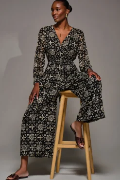 Lace Wrap Tie Waist Long Sleeve Jumpsuit, Black Pattern