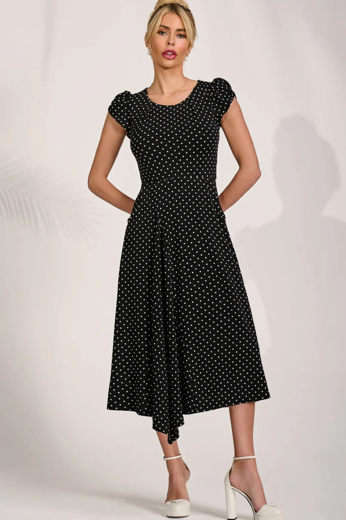 Lap Over Short Sleeve Jersey Dress, Black Spot