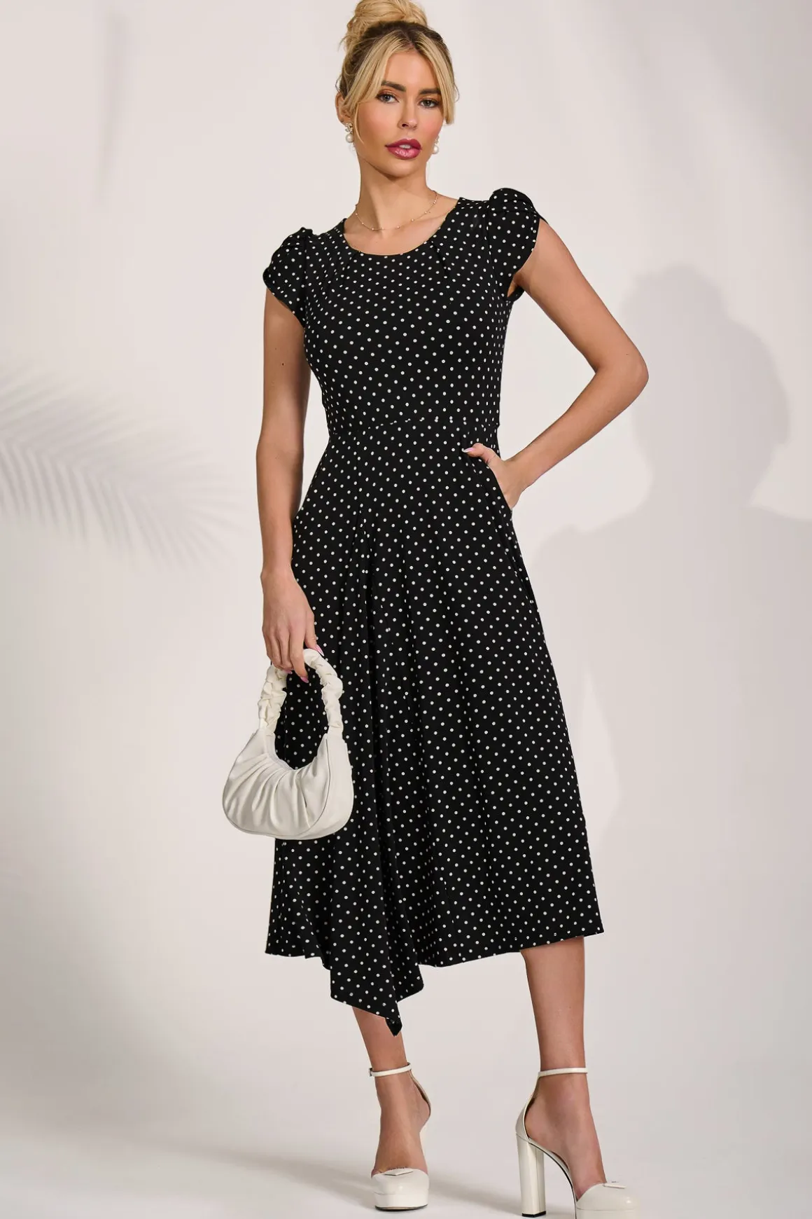 Lap Over Short Sleeve Jersey Dress, Black Spot