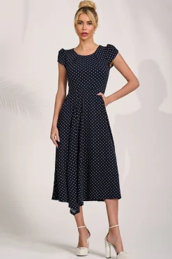 Lap Over Short Sleeve Jersey Dress, Navy Spot