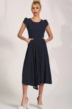 Lap Over Short Sleeve Jersey Dress, Navy Spot