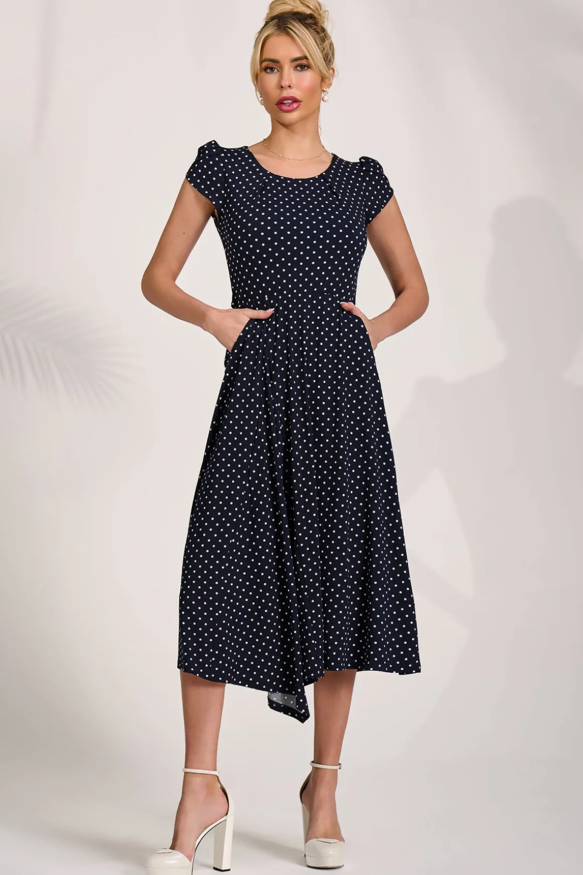 Lap Over Short Sleeve Jersey Dress, Navy Spot