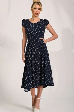 Lap Over Short Sleeve Jersey Dress, Navy Spot