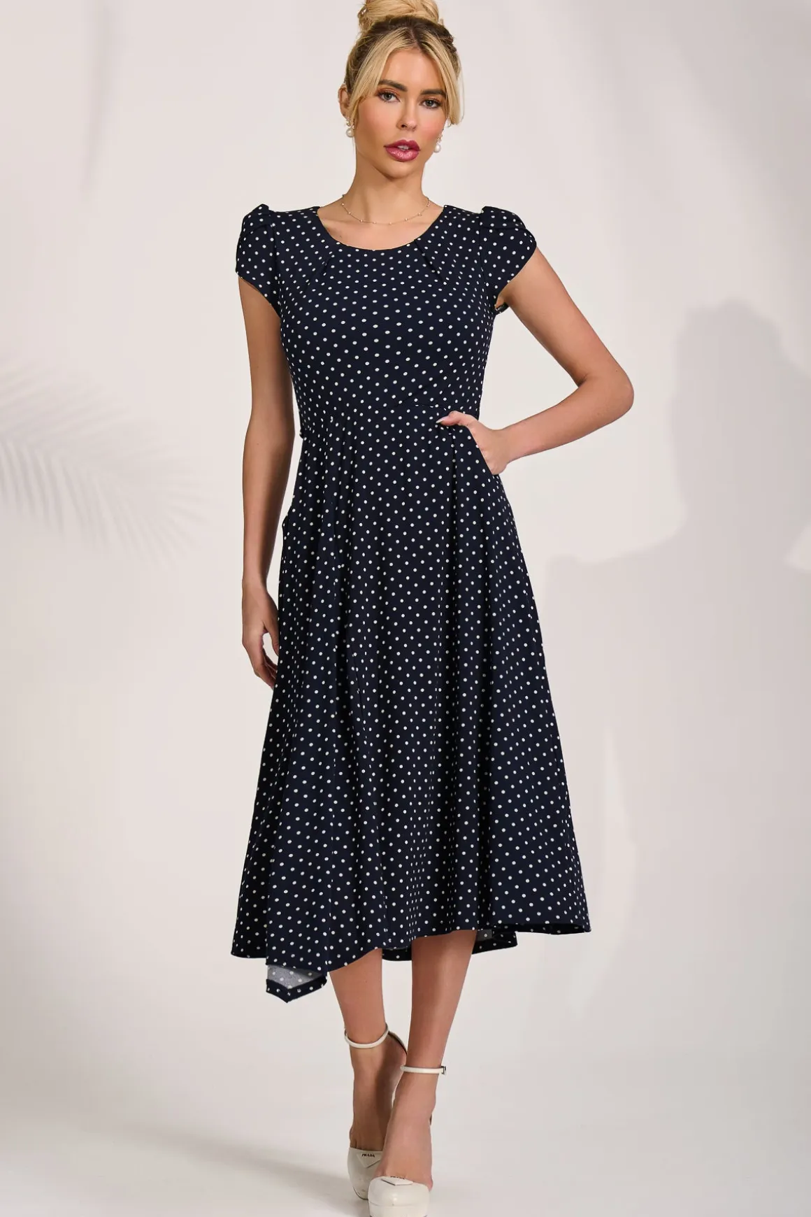 Lap Over Short Sleeve Jersey Dress, Navy Spot