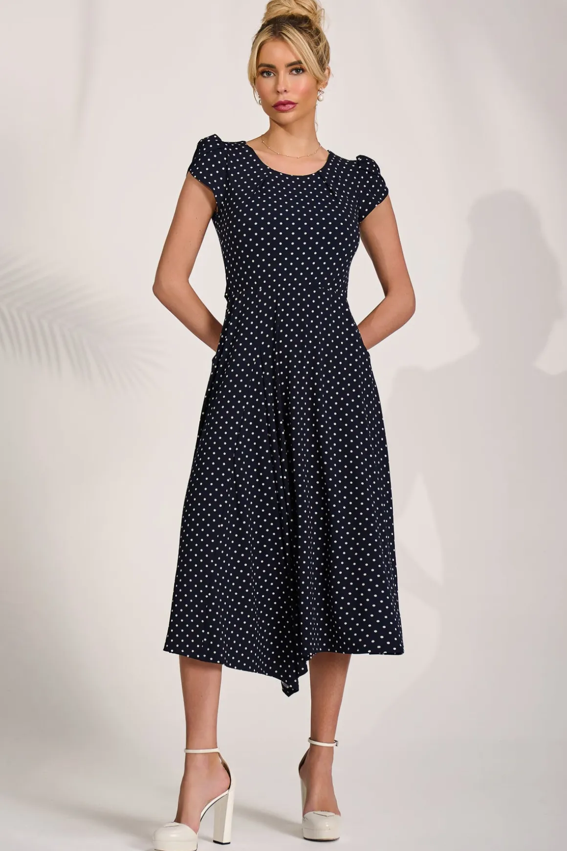 Lap Over Short Sleeve Jersey Dress, Navy Spot
