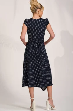 Lap Over Short Sleeve Jersey Dress, Navy Spot