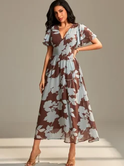 Layered Angel Sleeved Chiffon Maxi Dress, Brown Floral
