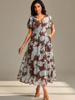 Layered Angel Sleeved Chiffon Maxi Dress, Brown Floral
