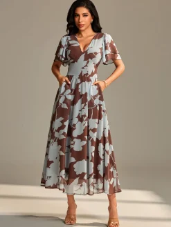 Layered Angel Sleeved Chiffon Maxi Dress, Brown Floral