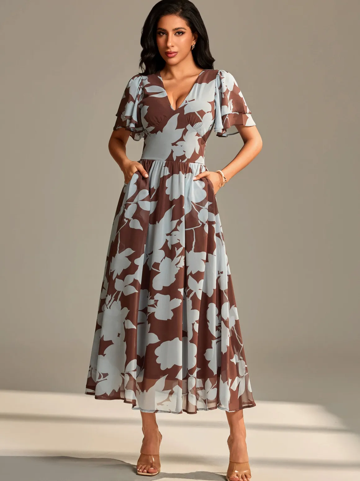 Layered Angel Sleeved Chiffon Maxi Dress, Brown Floral