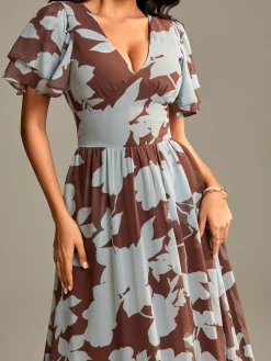 Layered Angel Sleeved Chiffon Maxi Dress, Brown Floral