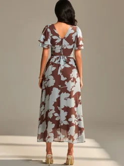 Layered Angel Sleeved Chiffon Maxi Dress, Brown Floral