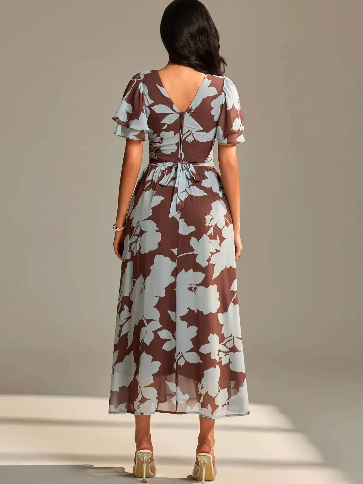 Layered Angel Sleeved Chiffon Maxi Dress, Brown Floral