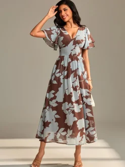 Layered Angel Sleeved Chiffon Maxi Dress, Brown Floral