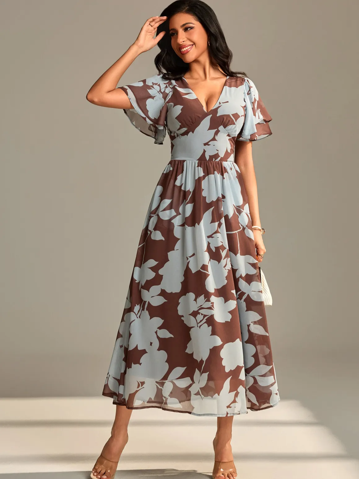 Layered Angel Sleeved Chiffon Maxi Dress, Brown Floral
