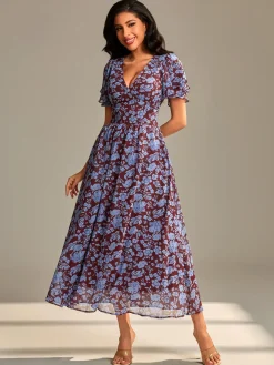 Layered Angel Sleeved Chiffon Maxi Dress, Burgundy Floral