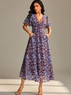 Layered Angel Sleeved Chiffon Maxi Dress, Burgundy Floral