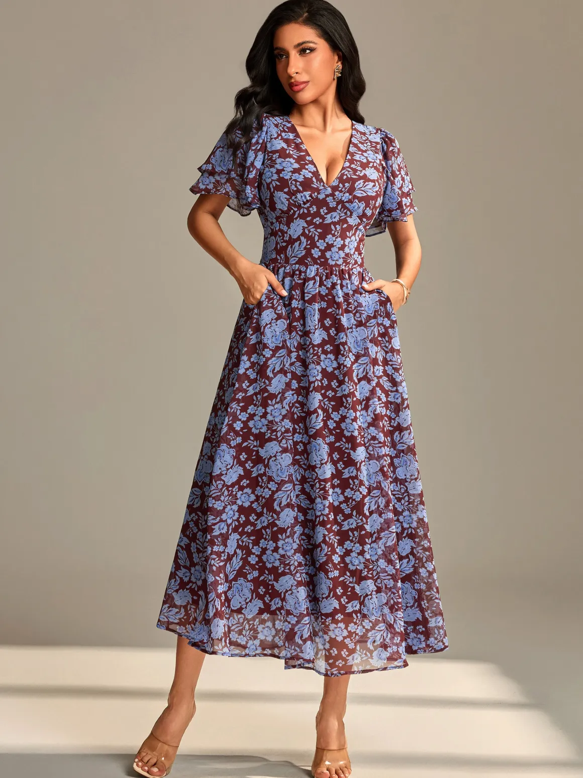 Layered Angel Sleeved Chiffon Maxi Dress, Burgundy Floral
