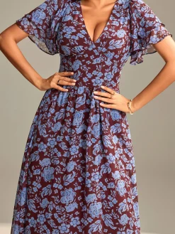 Layered Angel Sleeved Chiffon Maxi Dress, Burgundy Floral