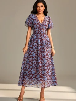 Layered Angel Sleeved Chiffon Maxi Dress, Burgundy Floral