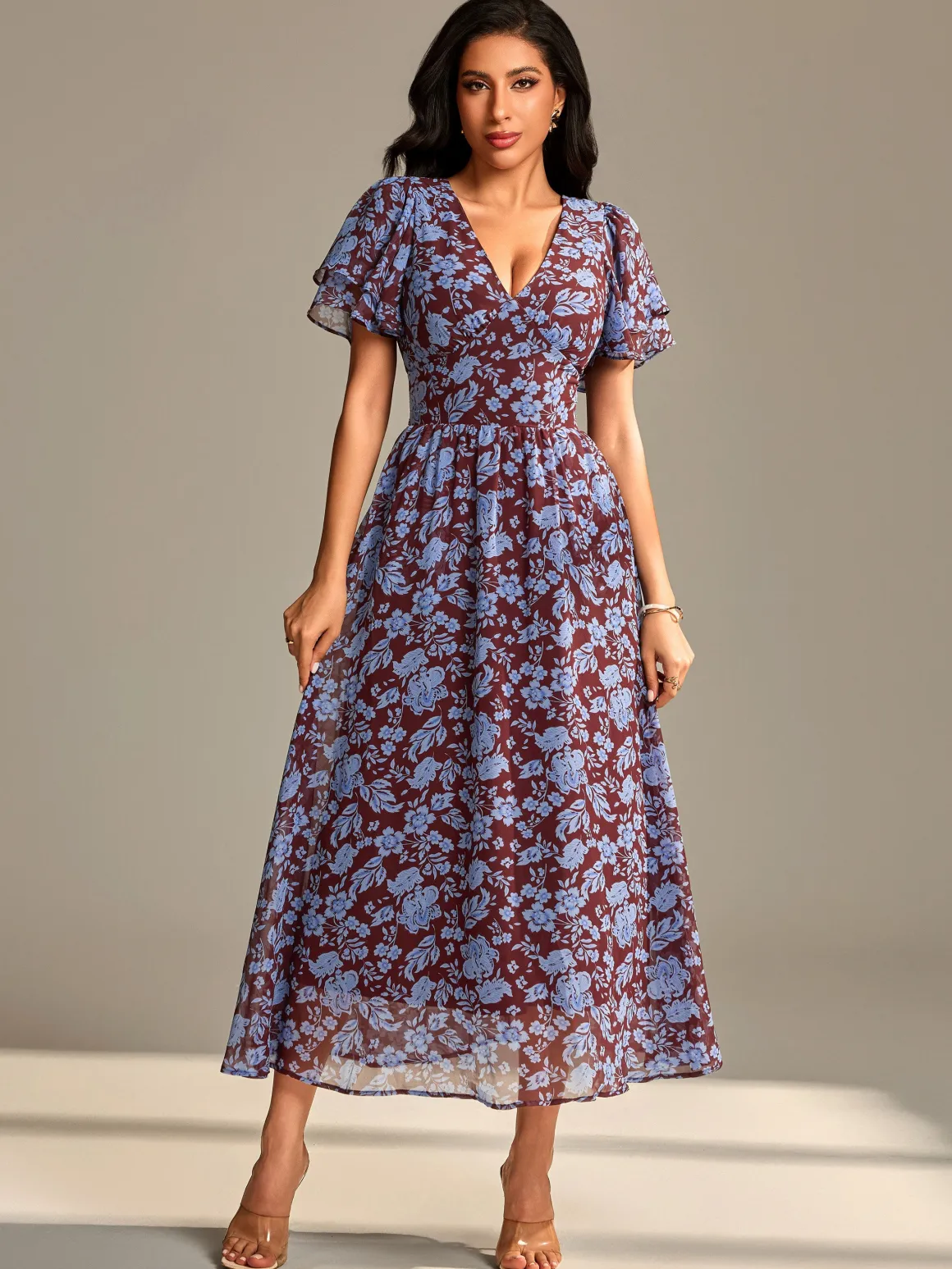Layered Angel Sleeved Chiffon Maxi Dress, Burgundy Floral