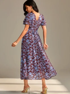 Layered Angel Sleeved Chiffon Maxi Dress, Burgundy Floral