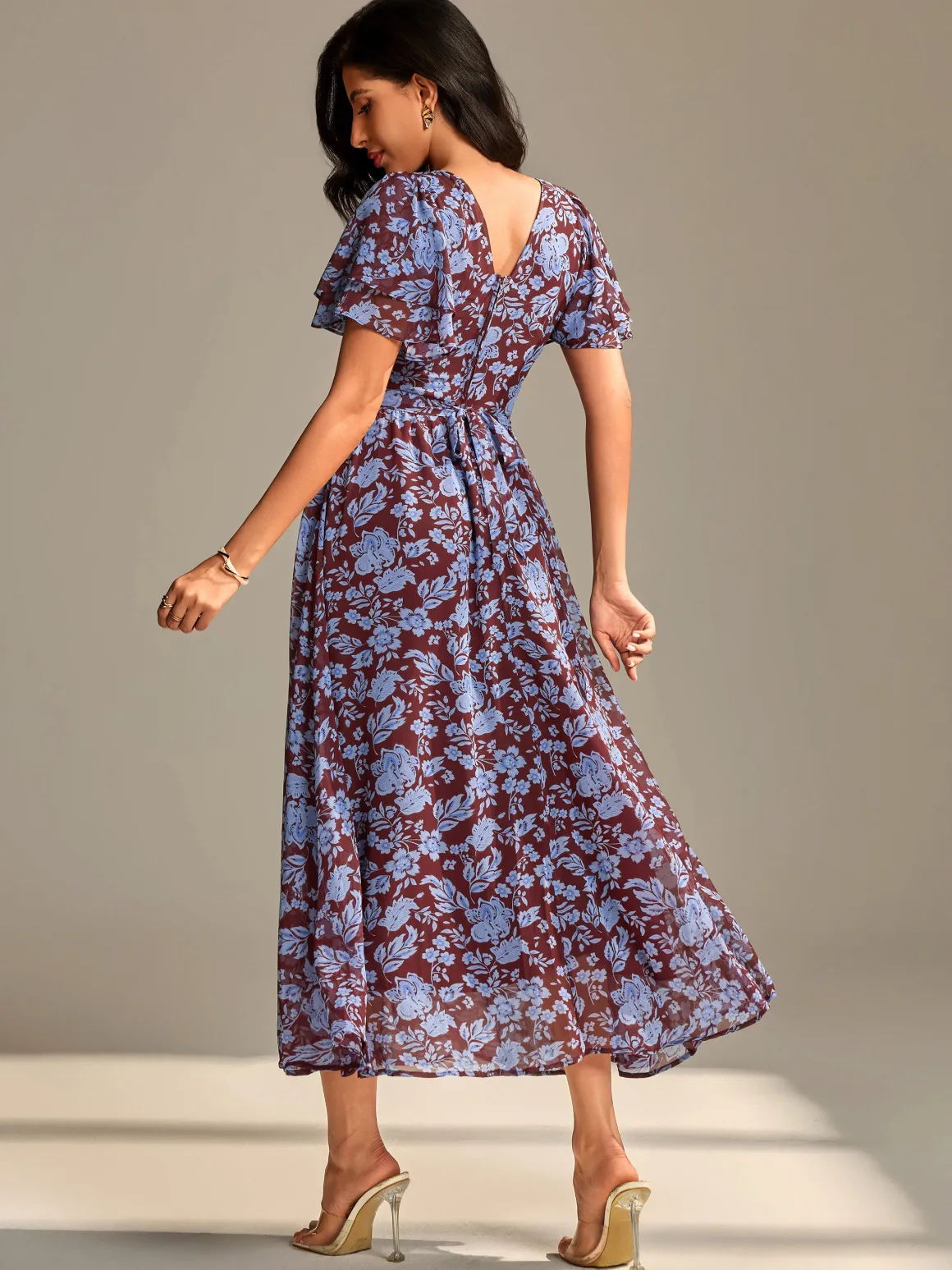 Layered Angel Sleeved Chiffon Maxi Dress, Burgundy Floral