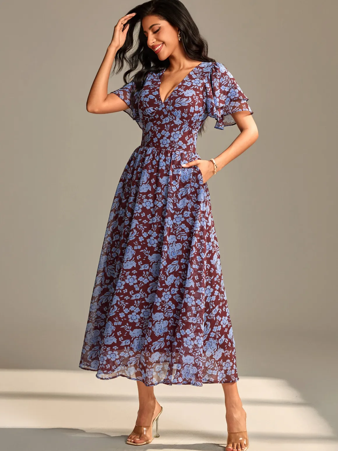 Layered Angel Sleeved Chiffon Maxi Dress, Burgundy Floral
