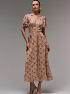 Layered Angel Sleeved Chiffon Maxi Dress, Green Floral