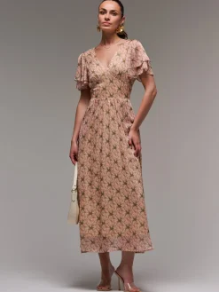 Layered Angel Sleeved Chiffon Maxi Dress, Green Floral