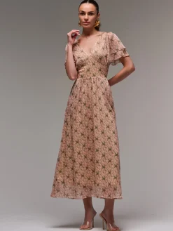 Layered Angel Sleeved Chiffon Maxi Dress, Green Floral