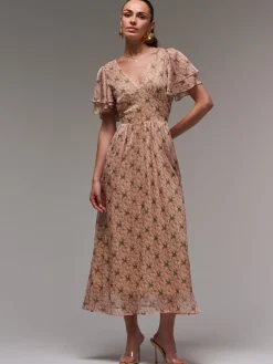Layered Angel Sleeved Chiffon Maxi Dress, Green Floral