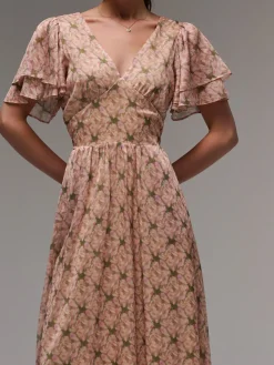 Layered Angel Sleeved Chiffon Maxi Dress, Green Floral