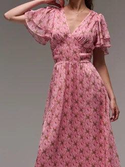 Layered Angel Sleeved Chiffon Maxi Dress, Pink Floral