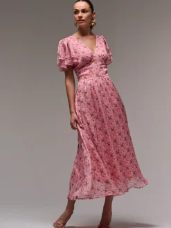 Layered Angel Sleeved Chiffon Maxi Dress, Pink Floral
