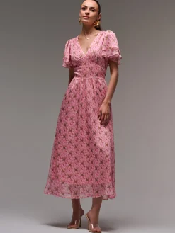 Layered Angel Sleeved Chiffon Maxi Dress, Pink Floral