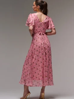 Layered Angel Sleeved Chiffon Maxi Dress, Pink Floral