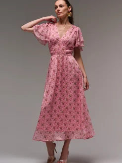 Layered Angel Sleeved Chiffon Maxi Dress, Pink Floral