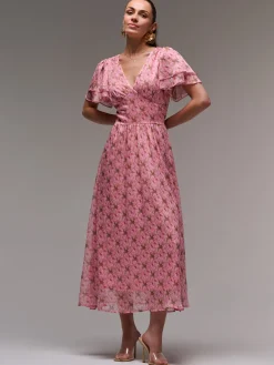 Layered Angel Sleeved Chiffon Maxi Dress, Pink Floral