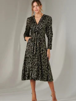 Layla Long Sleeve Metallic Wrap Dress, Black/Gold