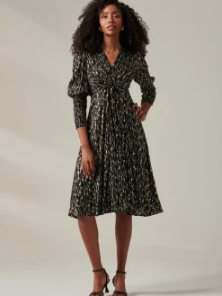 Layla Long Sleeve Metallic Wrap Dress, Black/Gold