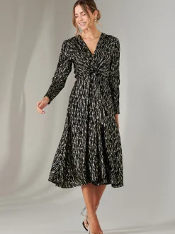 Layla Long Sleeve Metallic Wrap Dress, Black/Gold