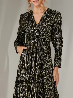 Layla Long Sleeve Metallic Wrap Dress, Black/Gold