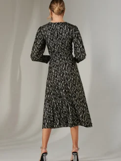 Layla Long Sleeve Metallic Wrap Dress, Black/Gold